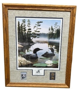 lot 60 image: 20.5x20Framed Collectors Edition Boundary Waters Print by Leo Stans 1990  Includes Coins & Stamp