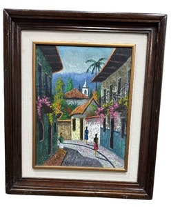 lot 61 image: Vibrant Latin American Village Street Scene Signed - Framed Original Painting 22x18