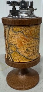 lot 65 image: Vintage Japanese Globe Table Lighter with Wood Base and Map Design - Made in Japan