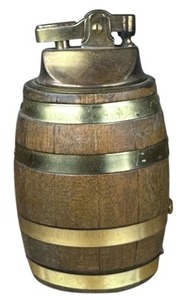 lot 70 image: Vintage Japanese Wooden Barrel Table Lighter with Brass Accents - Made in Japan