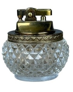 lot 75 image: Vintage Glass Table Lighter with Diamond-Cut Crystal Base and Brass Top