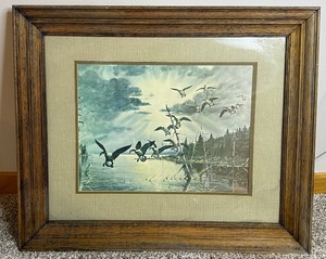 lot 88 image: Vintage Les Kouba Framed Wildlife Print - Ducks in Flight Over Lake Scene