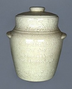 lot 93 image: Vintage Red Wing Stoneware Cookie Jar with Lid - Embossed Floral Design & Quote