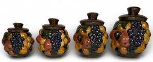 lot 94 image: 1971 Set of 4 Vintage Fruit-Themed Ceramic Canisters with Lids - Large to Extra Small Sizes