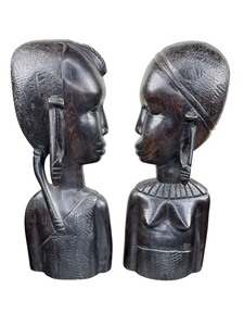 lot 28 image: Pair of Hand-Carved African Ebony Busts  Tribal Male and Female Figures
