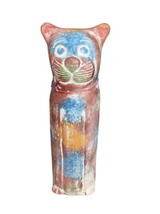 lot 20 image: Colorful Handcrafted Cat Statue - 30 Tall, 7.5 Wide - Folk Art Decor