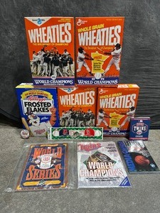 lot 111 image: Minnesota Twins Memorabilia Lot - Brand New 1987 & 1991 Wheaties Cereal Boxes, Handkerchiefs, Magazines, Pins & More