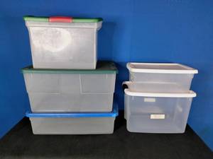 5 Storage Containers 32 Quart, 56 Quart, and 15 Quart