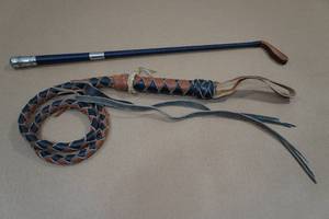 lot 68 image: 5 Leather Bull Whip with Riding Crop