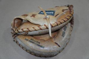 lot 227 image: Vintage Regent The Big Man Leather Catchers Mitt - 2 Unknown Signatures