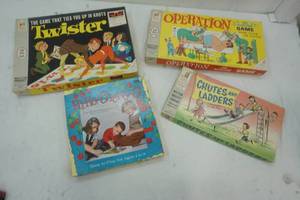 lot 129 image: Vintage Games Twister, Operation, Hi-Ho Cherry-O, and Chutes and Ladders,