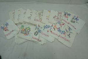 lot 208 image: Flour sack dish towel lot painted and embroidered days of the week and more