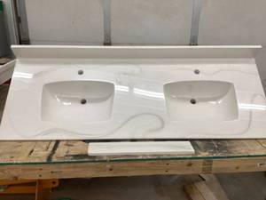 lot 105 image: NEW SFI Cultured Marble Vanity Top with Double Integrated Sinks  Glacier Color, 60 x 22 with Right Sidesplash