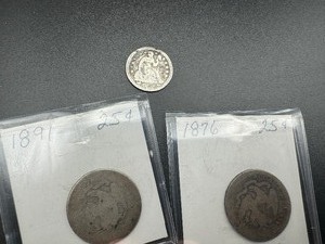 LIBERTY SEATED COINS  1876 & 1891 QUARTER, 1873 DIME (3 Coins)