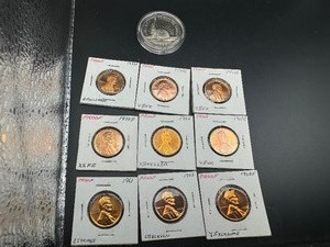 1986 LIBERTY HALF DOLLAR & PROOF PENNIES, DEEP RED, CHOICE PROOF CENTS 1961 THRU 1963, 1968S THRU 1973S (10 Coins)