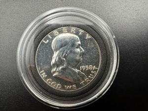 1958 GEM PROOF FRANKLIN HALF DOLLAR FULL BELL, RECENT KBID COMP $30