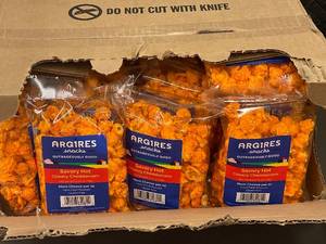 Box of 15 Packaged Argires Savory Hot Cheddar Popcorn