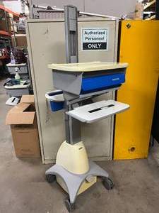 lot 24 image: Ergotron StyleView Full-Featured EMR Computer Medical Cart Mobile Sit To Stand Desk With Zebra DS46 Barcode Scanner Cart -Battery Untested
