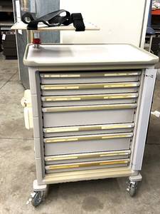 lot 29 image: MSRP $4000 Herman Miller Milcare Multi-Drawer Storage Desktop Table Workstation Cash Cart with Power Strip - Good Condition