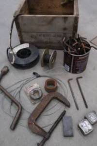 VINTAGE WOODEN BOX WITH ITEMS