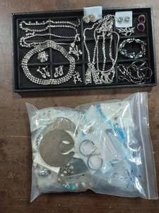 Lot Of Rhinestone Jewelry & Bag Of Assorted