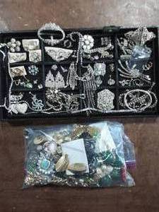 Lot Of Rhinestone Jewelry & Bag Of Assorted