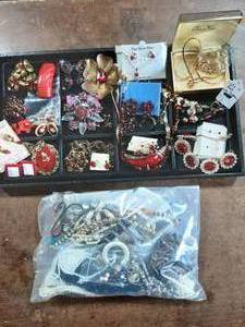 Lot Of Vintage Red Rhinestone & Bag Of Assorted