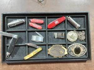 Lot Of Belt Buckles, Pocket Knives, Money Clips, Token Holder, More