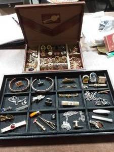 Mens Jewelry Box & Contents On Tray-Cuff Links, Tie Bars, Tie Tacks, Bracelets, Necklaces