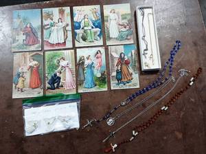 Lot Of Religious Items Lenox Porcelain Angel Pins, Rosaries, Jewelry & Vintage 10 Commandment Post Cards Cancelled In 1913