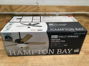 lot 28 image: HAMPTON BAY Holly Springs 52 in. Indoor Matte Black LED Ceiling Fan with Light, Downrod and Reversible Blades Included