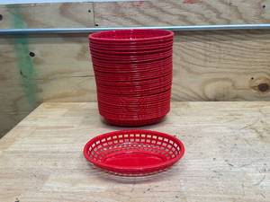 lot 115 image: SYSCO Box of 36- Plastic Oval Bread Baskets- Red