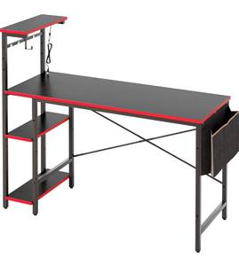 lot 164 image: Bestier Gaming Desk with LED Lights, 51.3 Inch Computer Desk with 4 Tiers Reversible Shelves, Gamer Desk with Side Storage Bag, Hooks and Height Adjustable Shelf (Black Carbon Fiber)