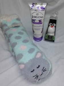 Slipper Socks, Jergens Lotion and Bath Fizzies.