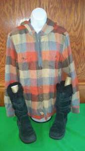 L.L. Bean Waterproof Boots and Flannel Button Down Hoodie.