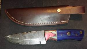 Etched Knife With Red White And Blue Handle And Sheath