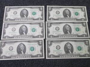 lot 457 image: 6 Sequential, Uncirculated $2 Bills...