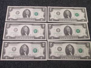 lot 458 image: 6 Sequential, Uncirculated $2 Bills...