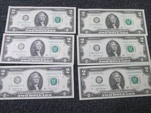 lot 459 image: 6 Sequential, Uncirculated $2 Bills...