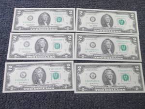 lot 461 image: 6 Sequential, Uncirculated $2 Bills...