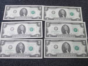 lot 462 image: 6 Sequential, Uncirculated $2 Bills...