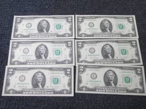 lot 463 image: 6 Sequential, Uncirculated $2 Bills...