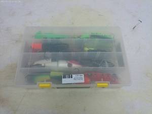lot 34 image: Assortment of Musky Top Water Lures in Clear Storage Box