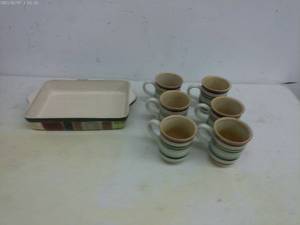 lot 327 image: Set of 6 Colorful Ceramic Coffee Mugs and Baking Dish