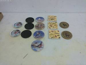 lot 343 image: Lot of 10 Decorative Coasters and Glass Bottles