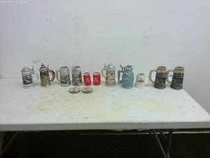 lot 375 image: Collection of 8 Decorative Beer Steins and Shot Glasses