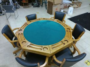 lot 5 image: Solid Oak gaming table with telescoping swivel chairs by Mikhail Darafeev