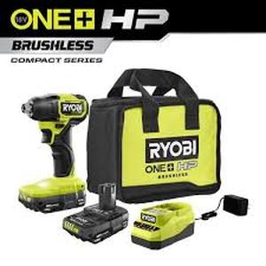 lot 9 image: RYOBI ONE HP 18V Brushless Cordless Compact 14 in. Hex Impact Driver Kit with (2) 1.5 Ah Batteries and Charger Customer Returns See Pictures