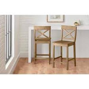 lot 21 image: StyleWell 23.23 in. Cedarville Patina Oak Finish Counter Stools with Cross Back (Set of 2)  Customer Returns See Pictures