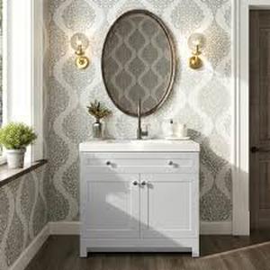 lot 34 image: Glacier Bay Everdean 37 in. Single Sink White Bath Vanity with White Cultured Marble Top (Assembled) Customer Returns See Pictures